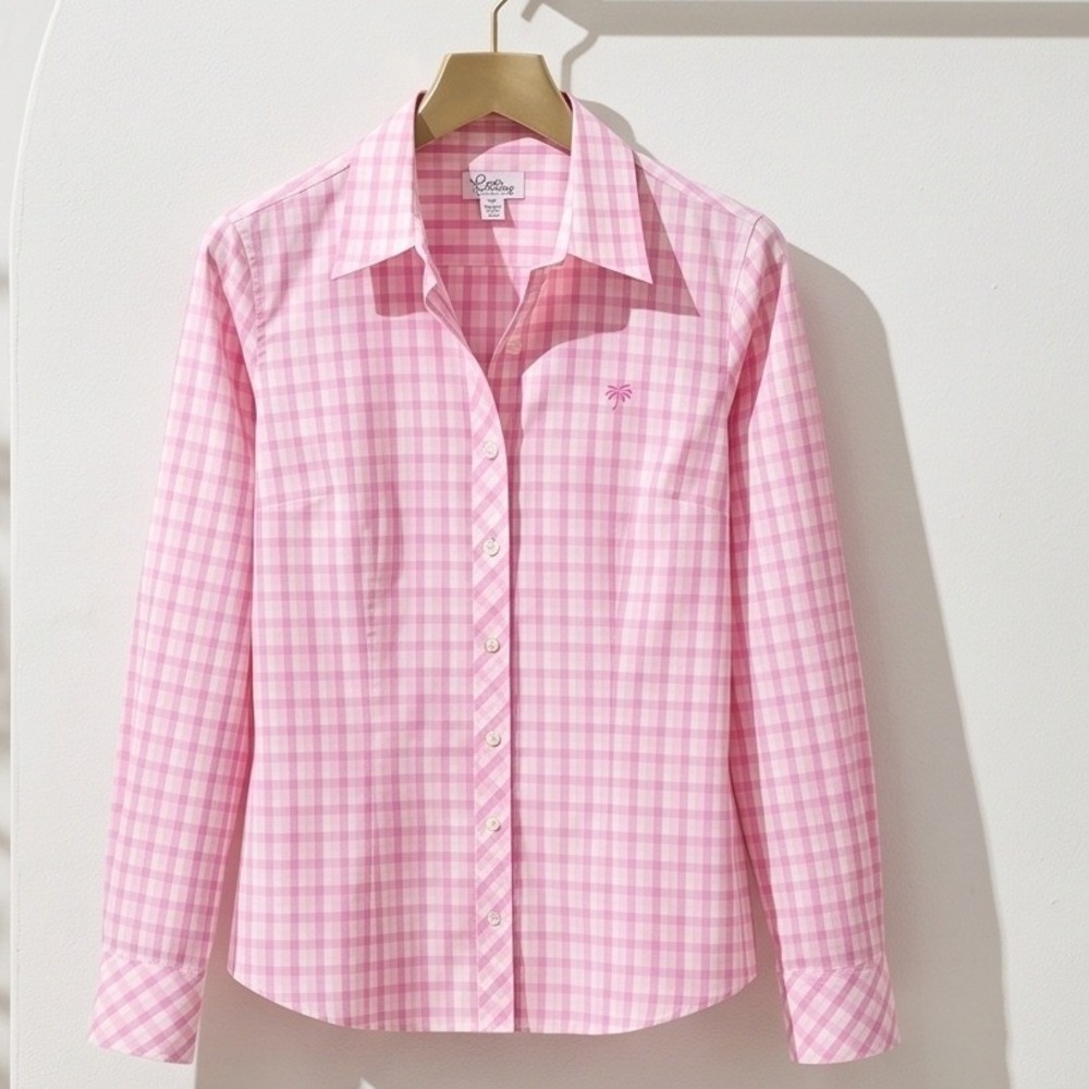 Lilly Pulitzer 10 Pink Gingham Plaid Button Down Shirt Palm Tree Logo Palm Beach